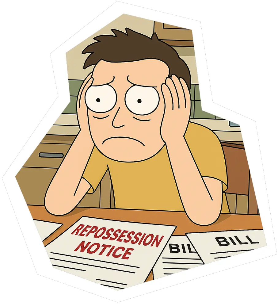 Cartoon homeowner at a kitchen table with a repossession notice and bills, looking overwhelmed.