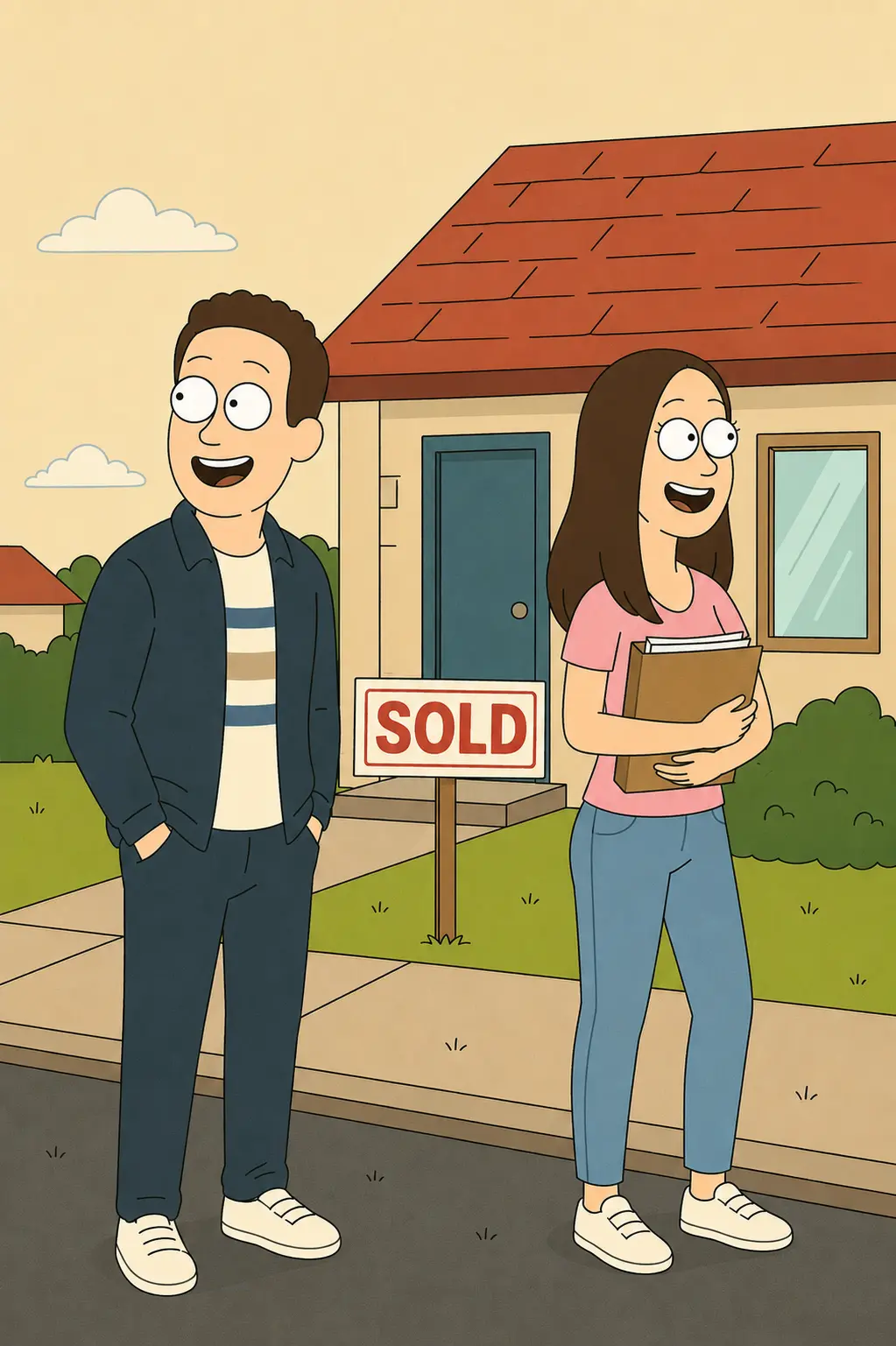 Cartoon couple standing outside their home with a SOLD sign and paperwork in hand.