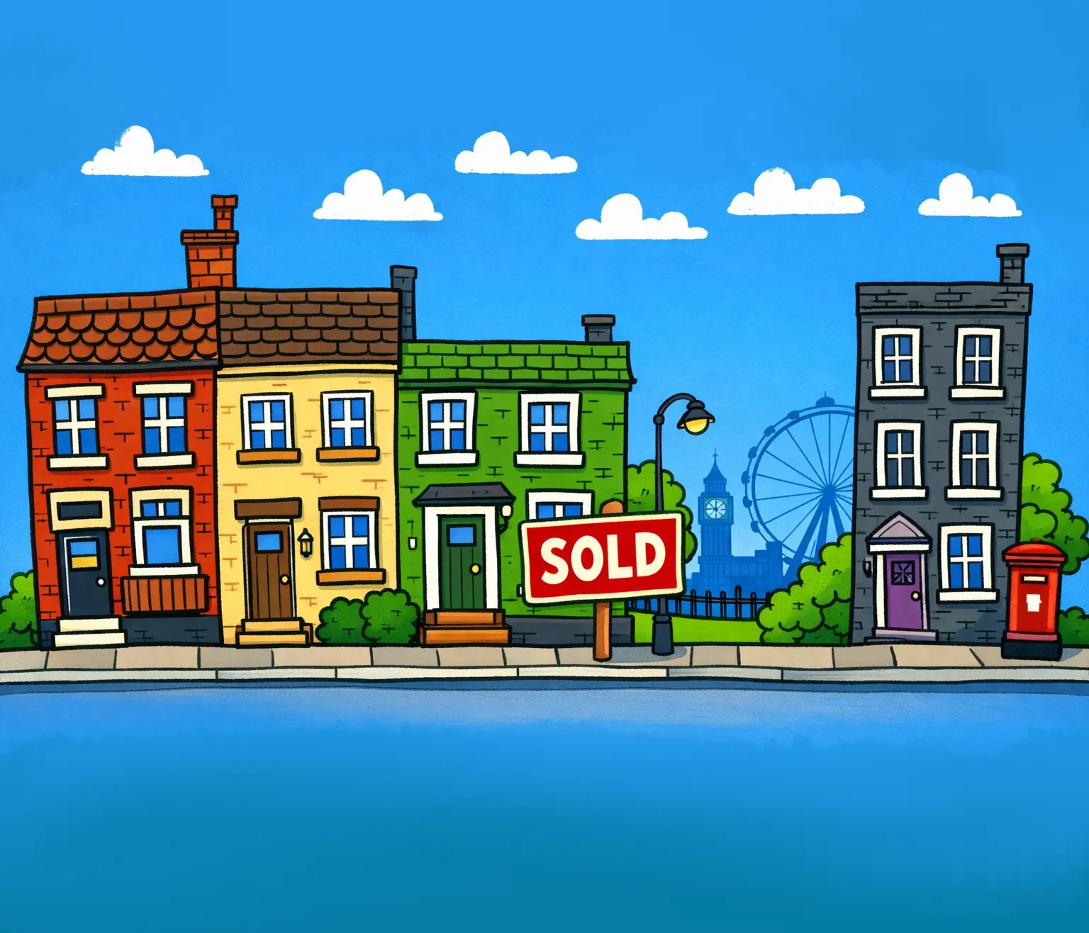 Cartoon row of British terraced houses with a SOLD sign out front and the London skyline behind.